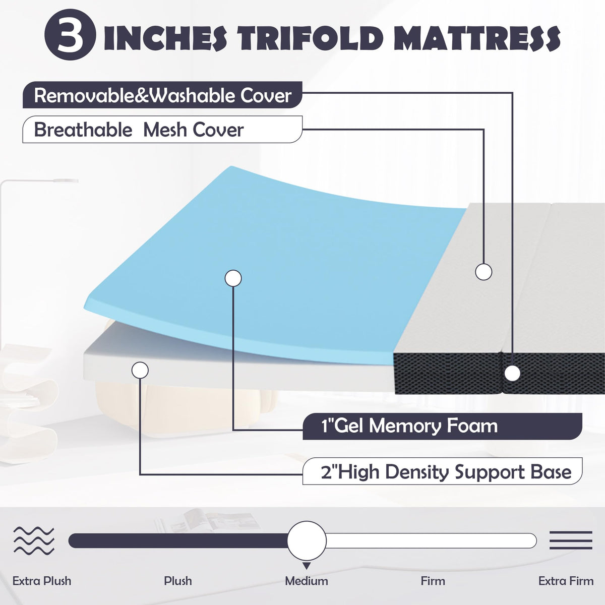 Memory Foam Folding Mattress Full 3 Inch Trifold with Washable Cover M208691