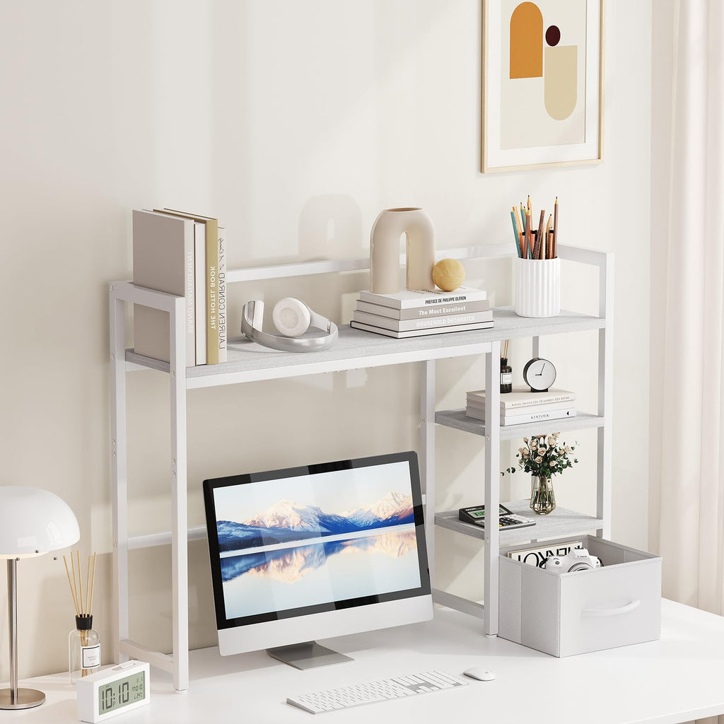 White Wood Desk Shelf with Drawer J351833
