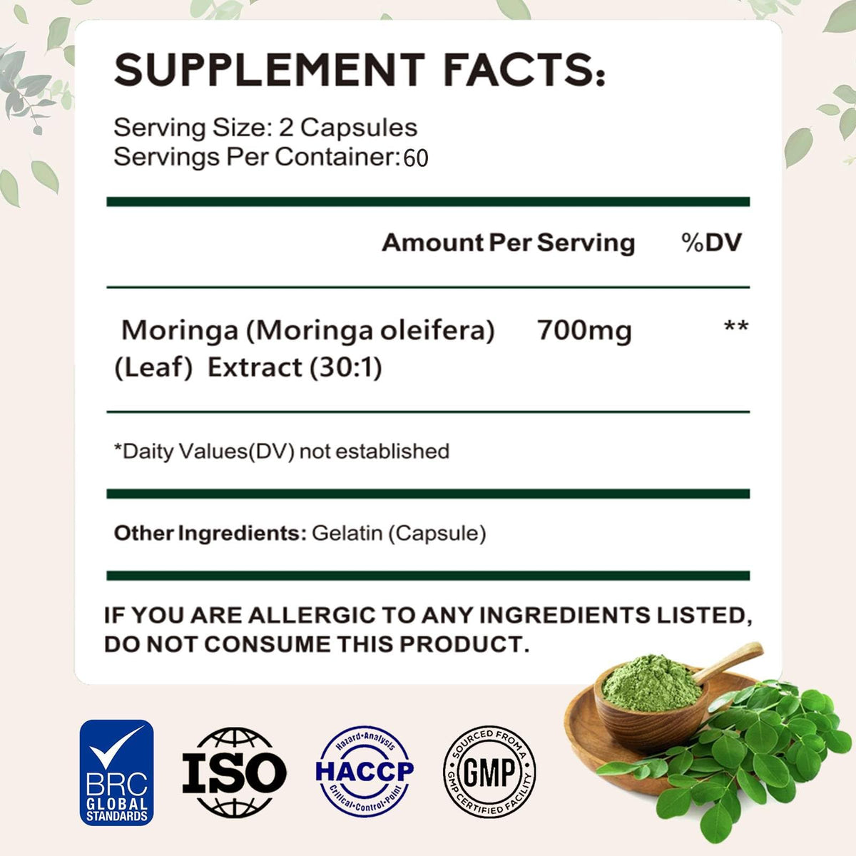 Moringa Oleifera Leaf Extract 120 Capsules 700 mg A42873