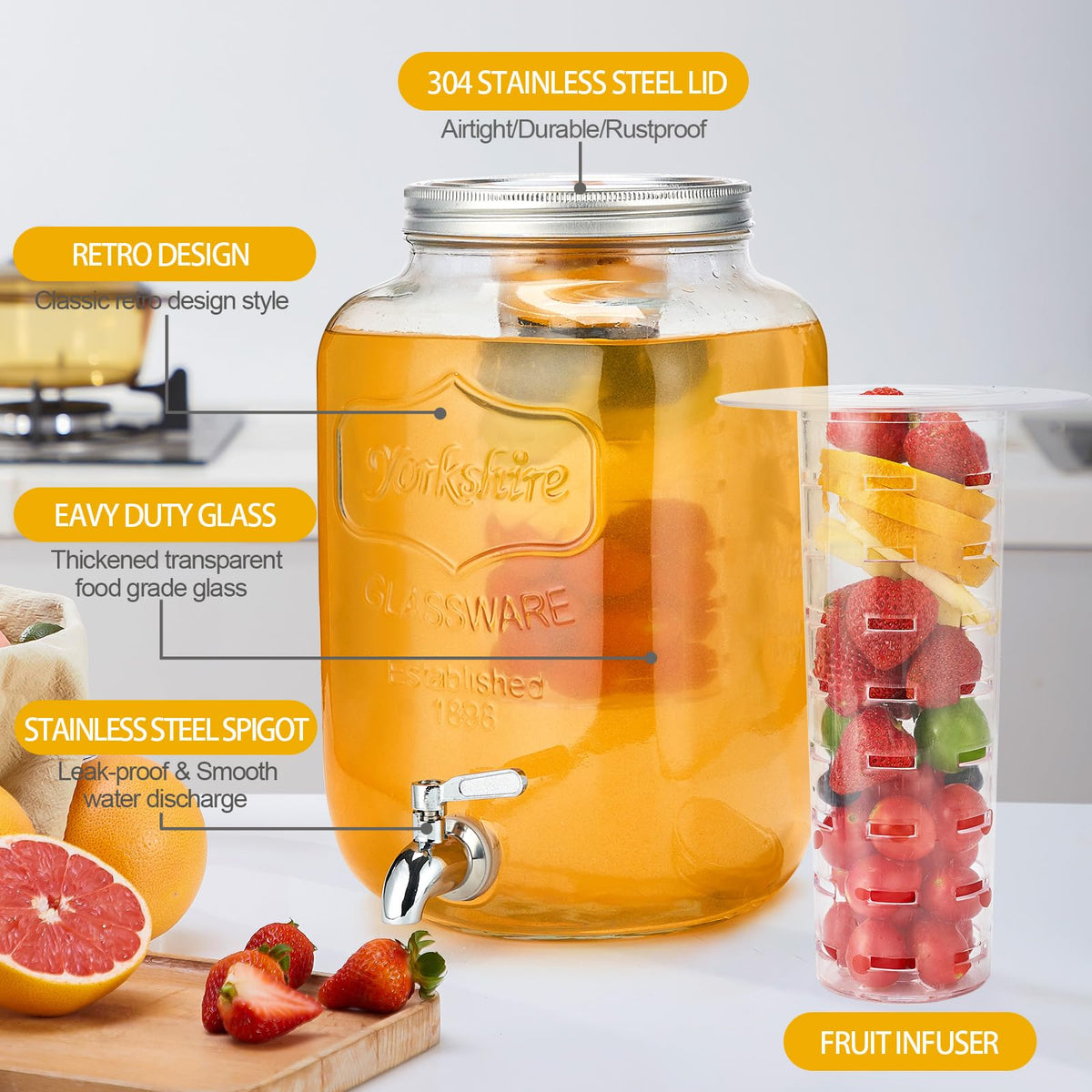 2 Gallon Glass Beverage Dispenser with Stand & Fruit Infuser J620198