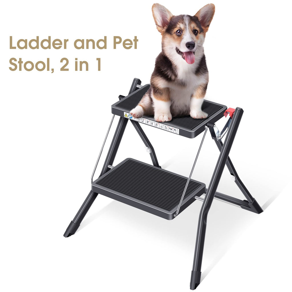 Folding Step Ladder, 2 Step Step Stool with Handle, Black D8750