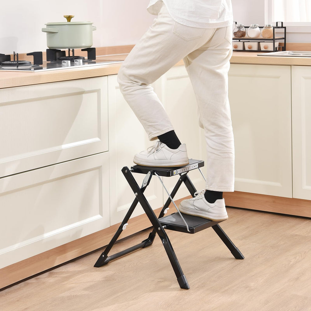 Folding Step Ladder, 2 Step Step Stool with Handle, Black D8750