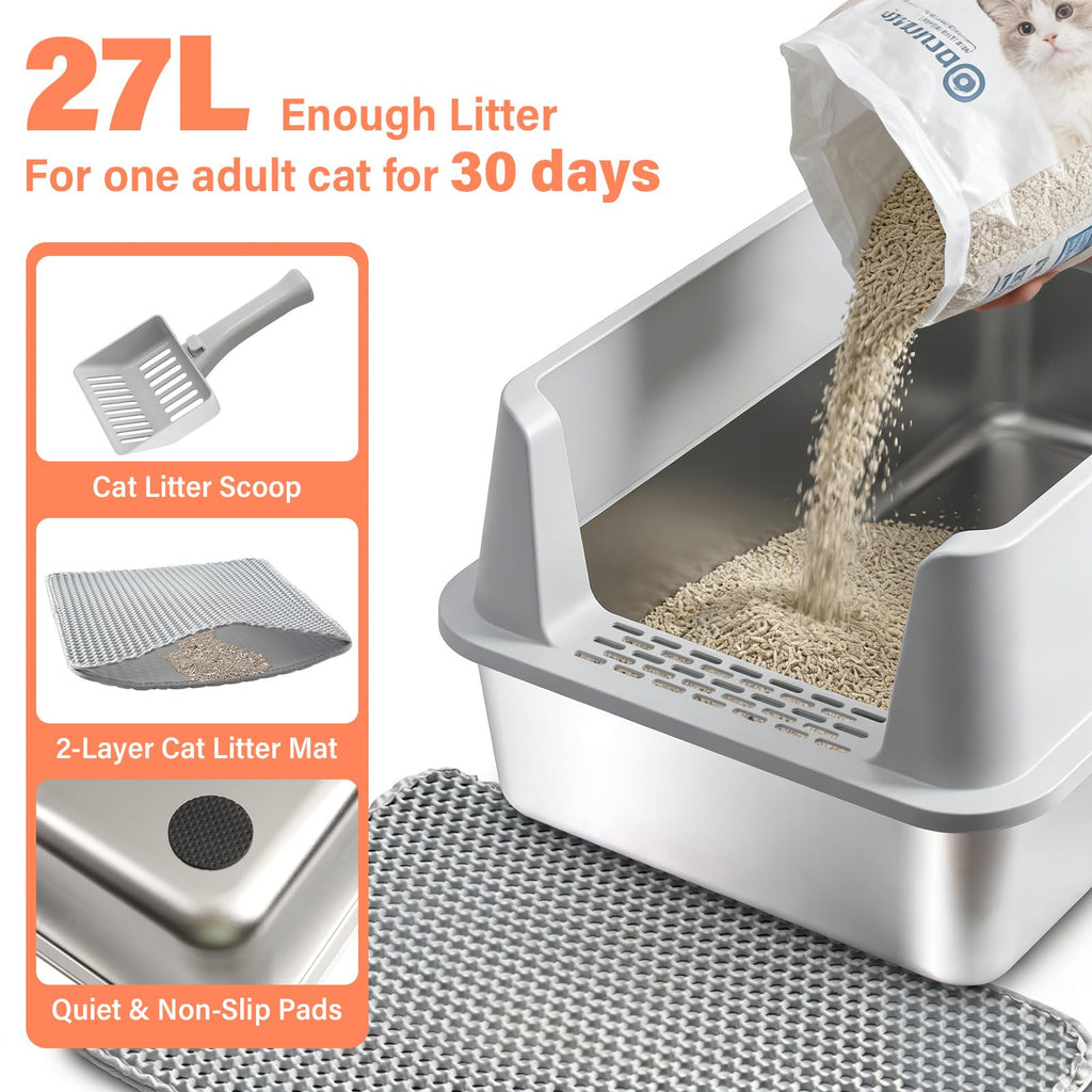 XL Stainless Steel Cat Litter Box with Lid and Scoop C775