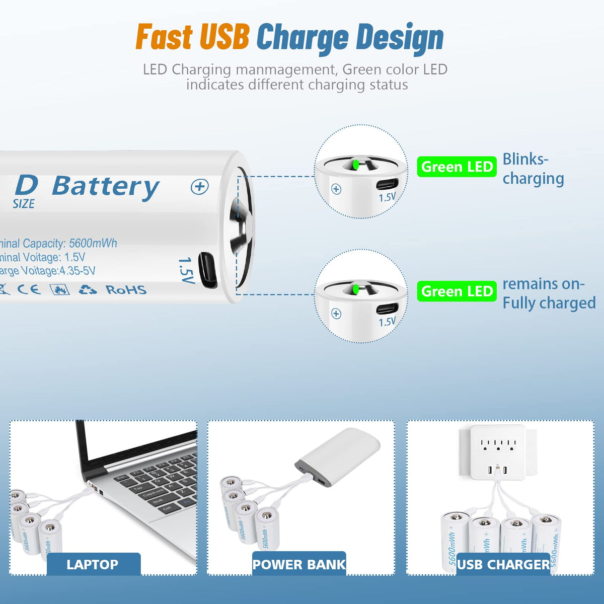 Rechargeable Lithium D Batteries 4 Pack U349