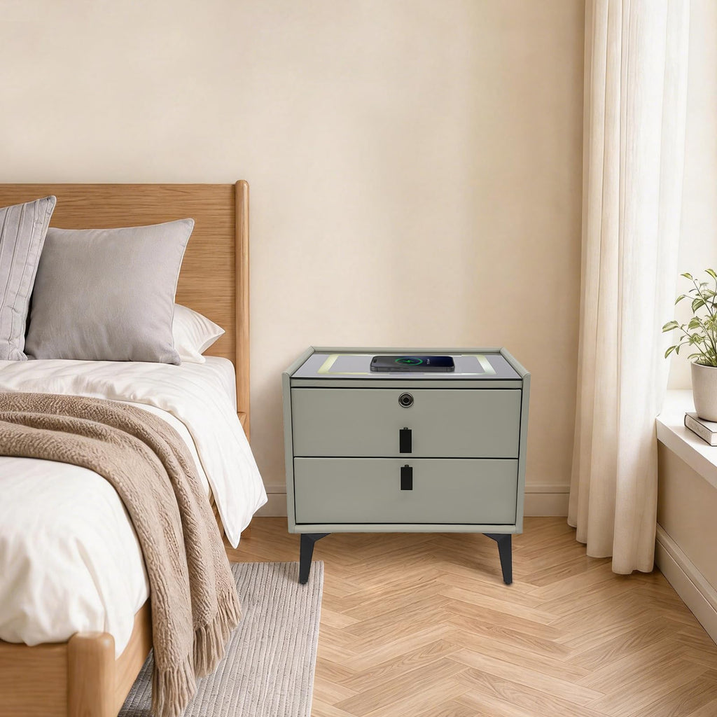 Light Gray Solid Wood Nightstand with Charging Station and 2 Drawers A56848