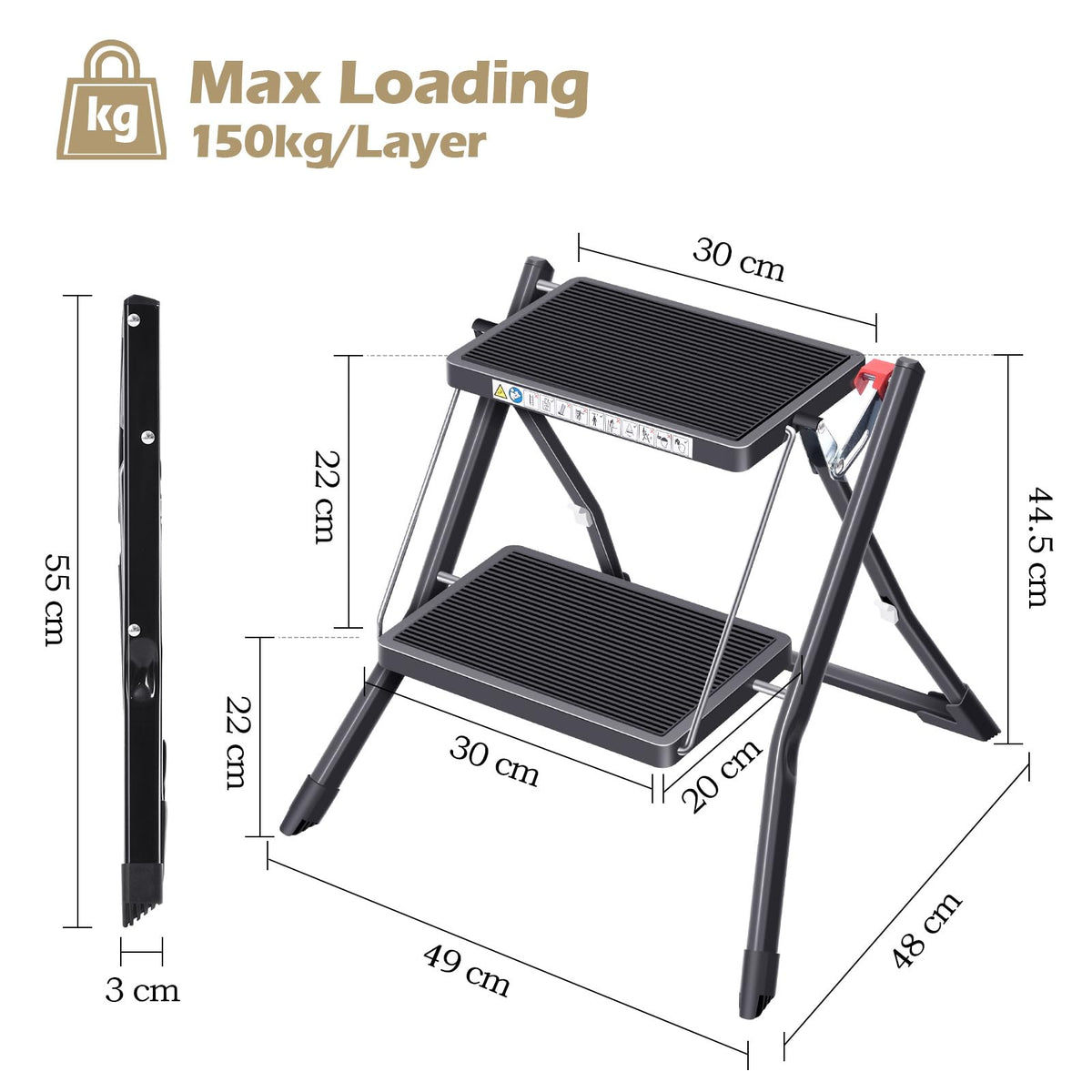 Folding Step Ladder, 2 Step Step Stool with Handle, Black D8750