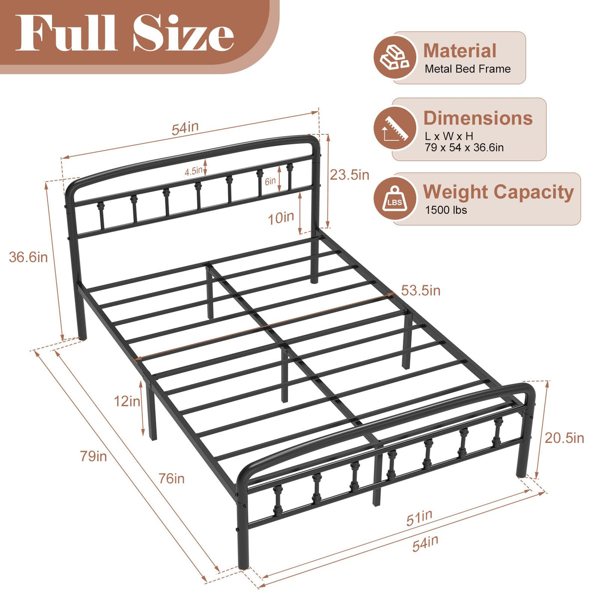 Full Size Metal Bed Frame with Headboard E3614
