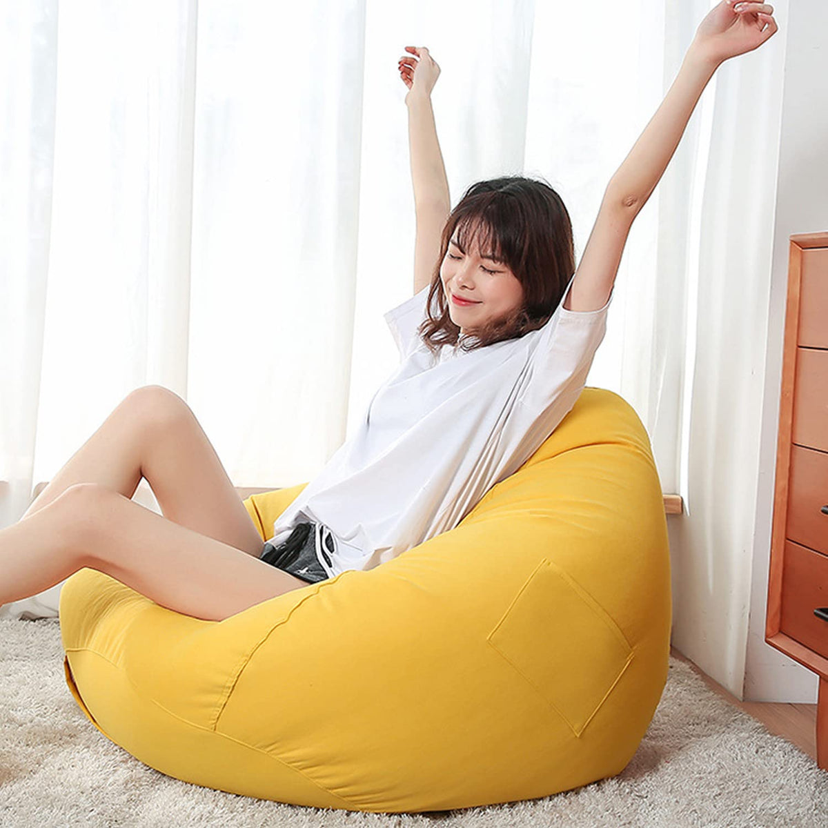 Yellow Bean Bag Chair Cover Only Washable Stuffed Animal Storage 90x110cm S307537