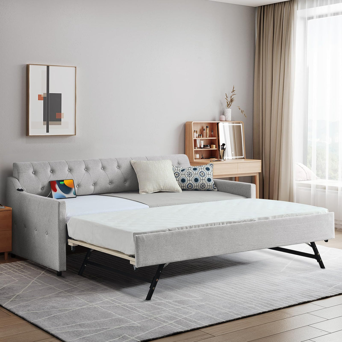 Beige Linen Upholstered Daybed with Pop Up Trundle V341