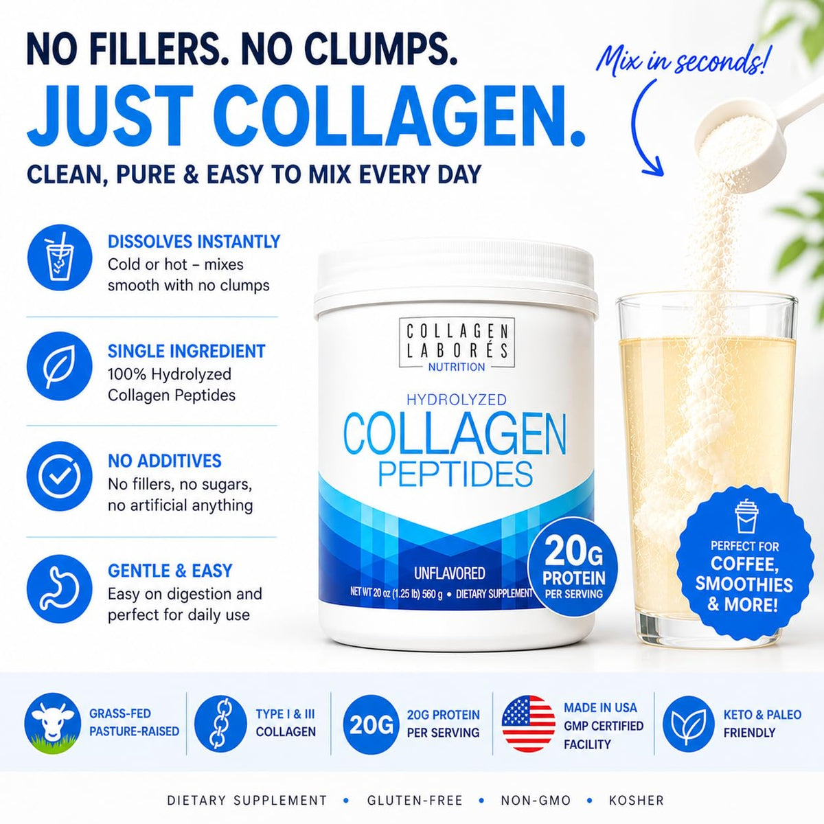 Hydrolyzed Collagen Peptides 20 oz Unflavored Powder T346