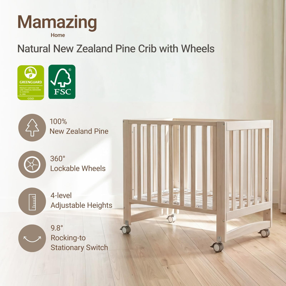 Mini Crib with Mattress and Wheels A857