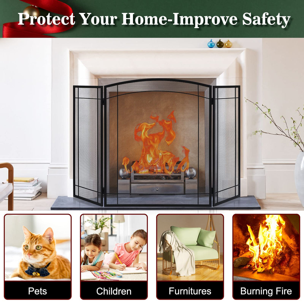 3 Panel 48" W x 29" H Foldable Wrought Metal Decorative Mesh Fireplace Screen V2283