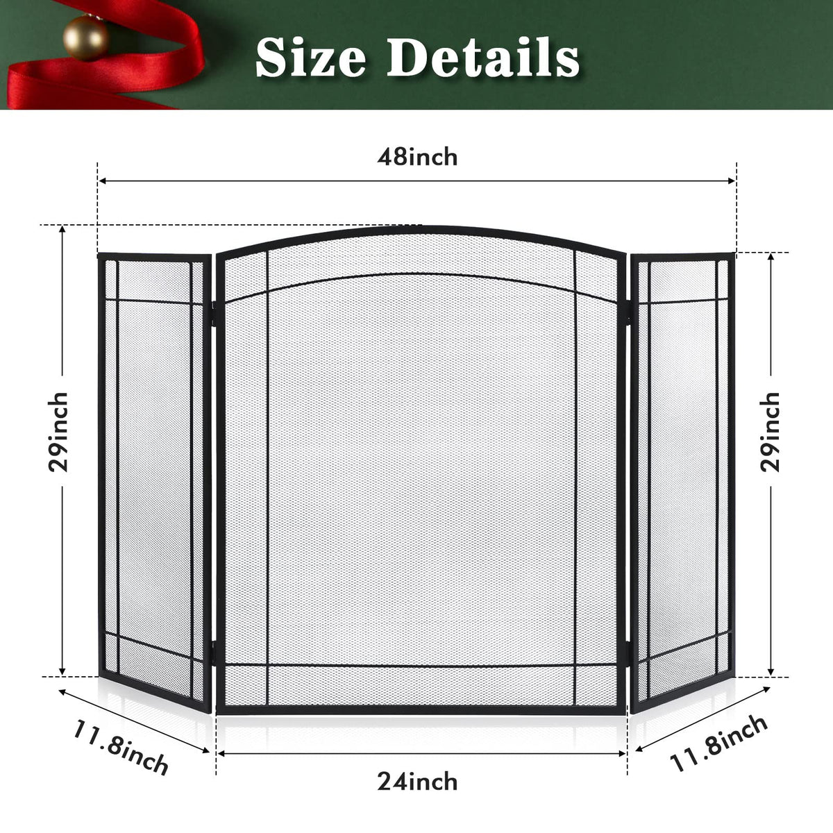 3 Panel 48" W x 29" H Foldable Wrought Metal Decorative Mesh Fireplace Screen V2283