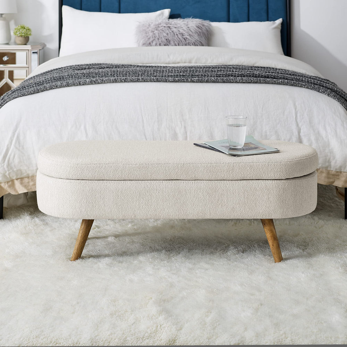 Beige Oval Storage Ottoman Bench with Rubber Wood Legs F934