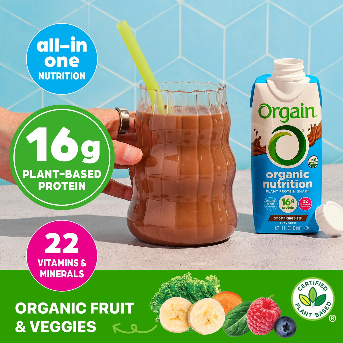 Organic Vegan 16g Protein Shake, Chocolate, 11 oz, 12pk E811521
