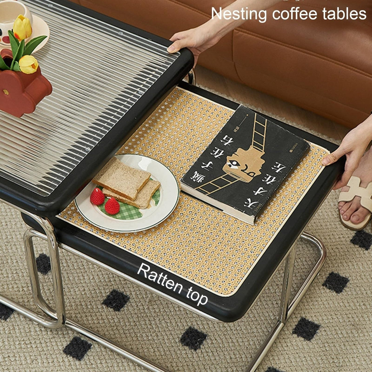 Mid Century Modern Coffee Table Set of 2 Square Metal Base I8897