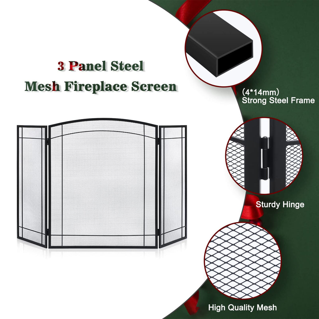3 Panel 48" W x 29" H Foldable Wrought Metal Decorative Mesh Fireplace Screen V2283