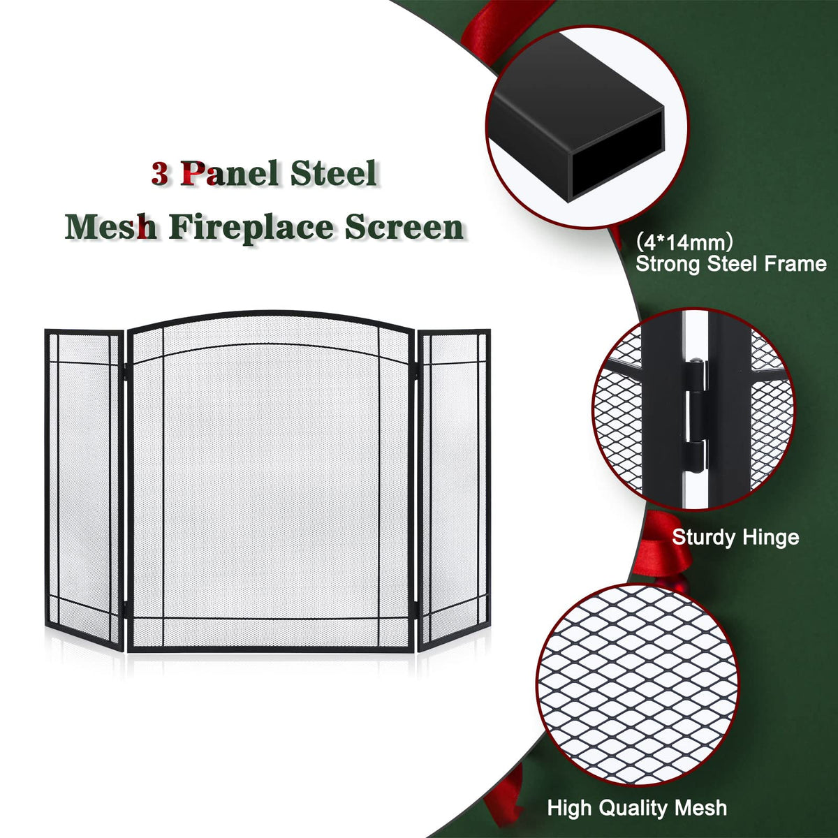 3 Panel 48" W x 29" H Foldable Wrought Metal Decorative Mesh Fireplace Screen V2283