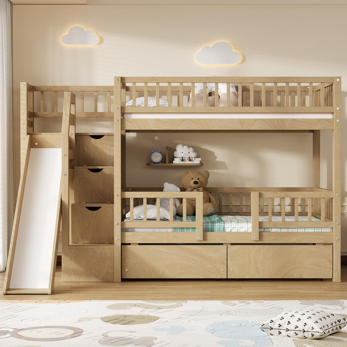 Twin Over Twin Bunk Bed with Slide and Storage Drawers D788121