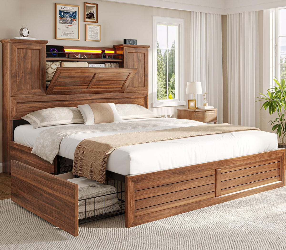 Queen Size Wooden Platform Bed Frame with Headboard Storage Drawers K21232