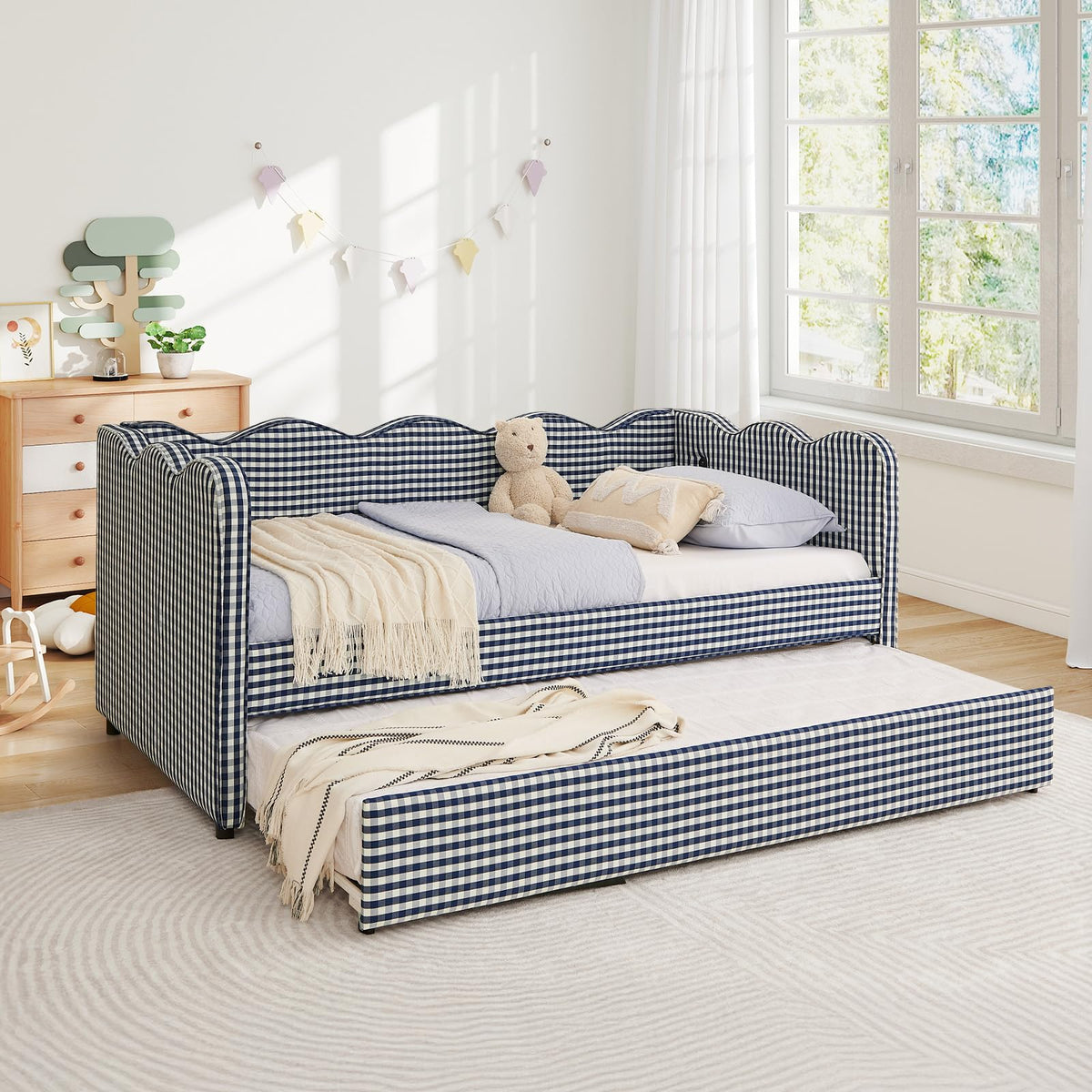 Blue Linen Upholstered Twin Daybed with Trundle V340