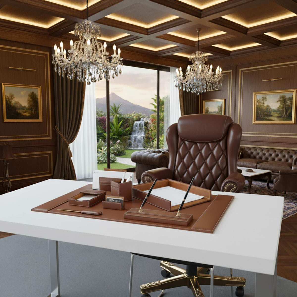Rustic Brown Leather Desk Set, 8-Piece W2688