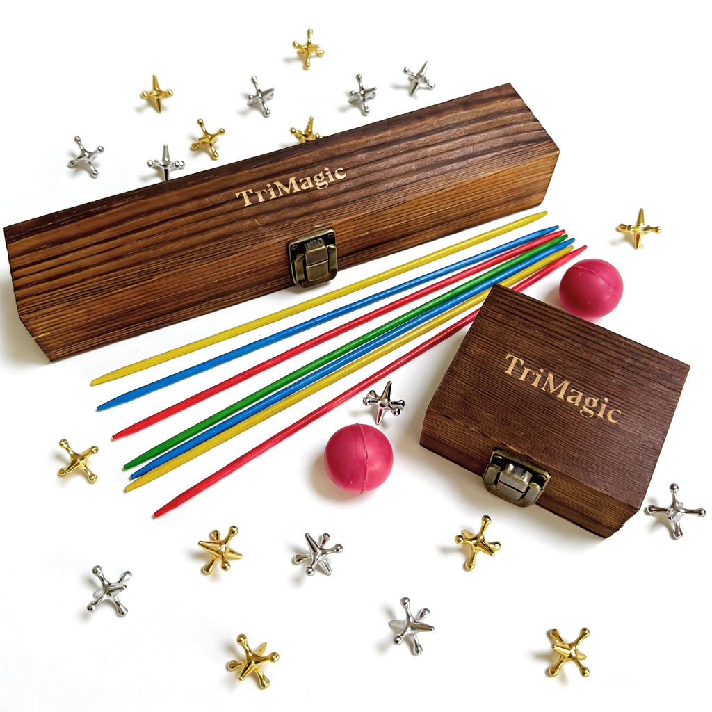 Wooden Gift Boxes 20 Metal Jacks 2 Balls 41 Colored Sticks Y85111