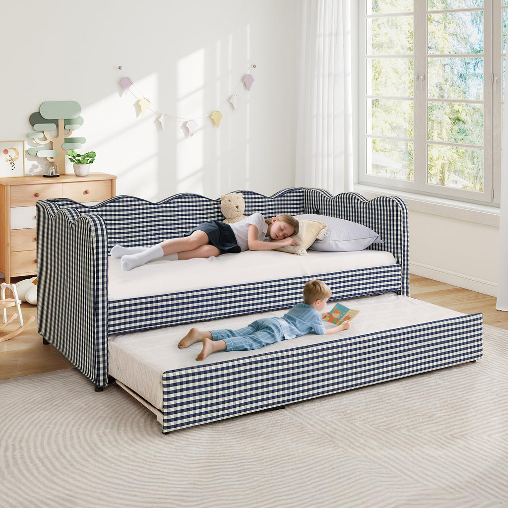 Blue Linen Upholstered Twin Daybed with Trundle V340