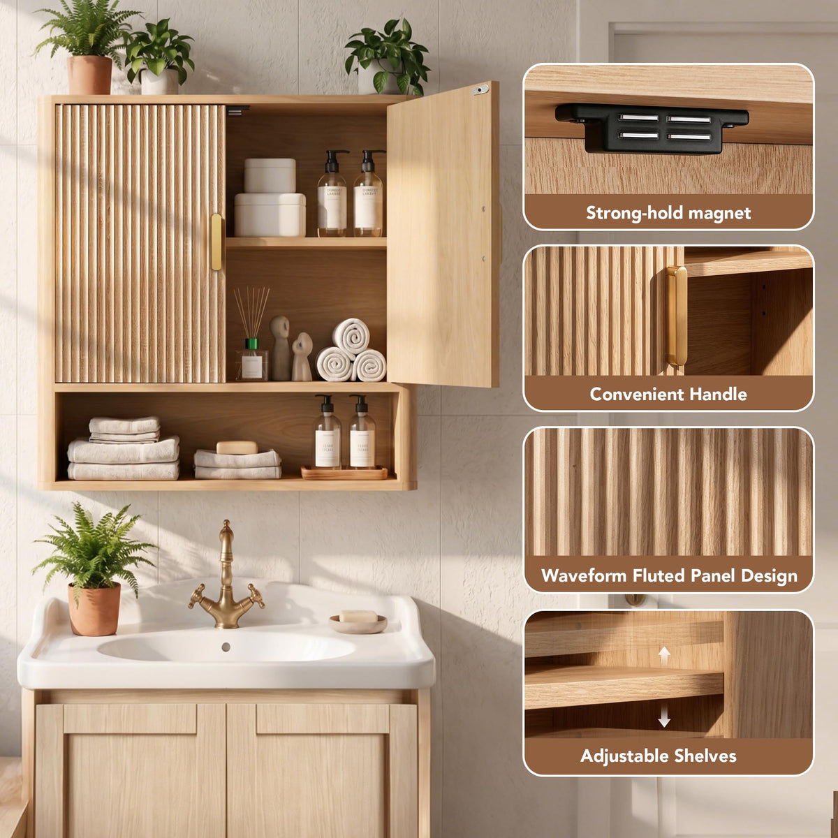 Bathroom Storage Wall Cabinet with Adjustable Wood Shelf & Doors K45330
