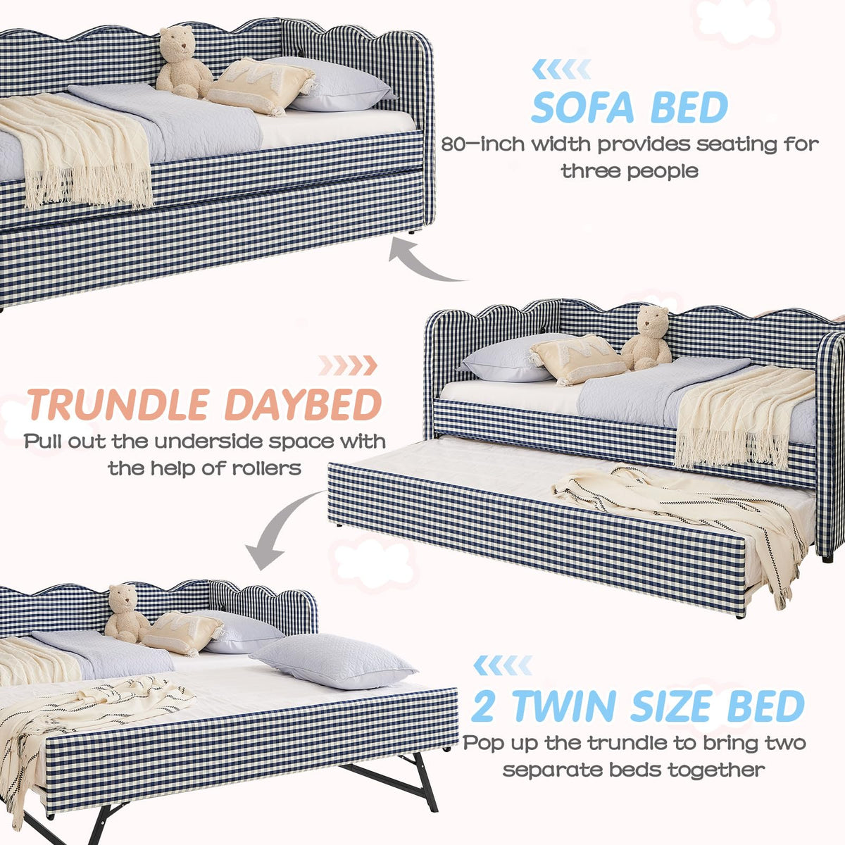 Blue Linen Upholstered Twin Daybed with Trundle V340