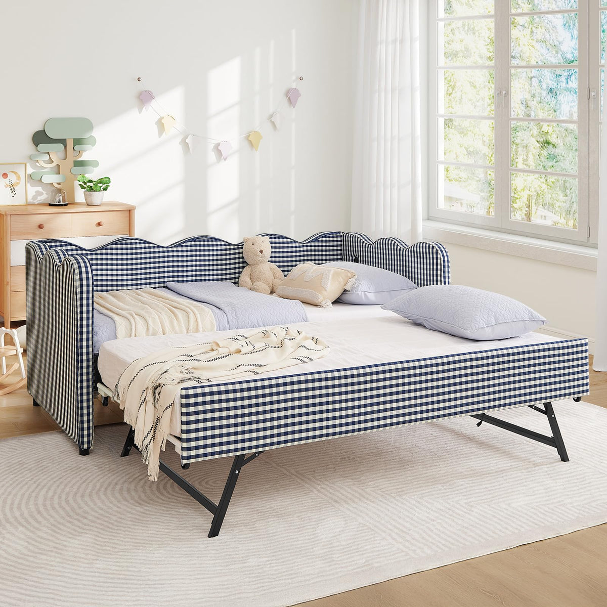 Blue Linen Upholstered Twin Daybed with Trundle V340