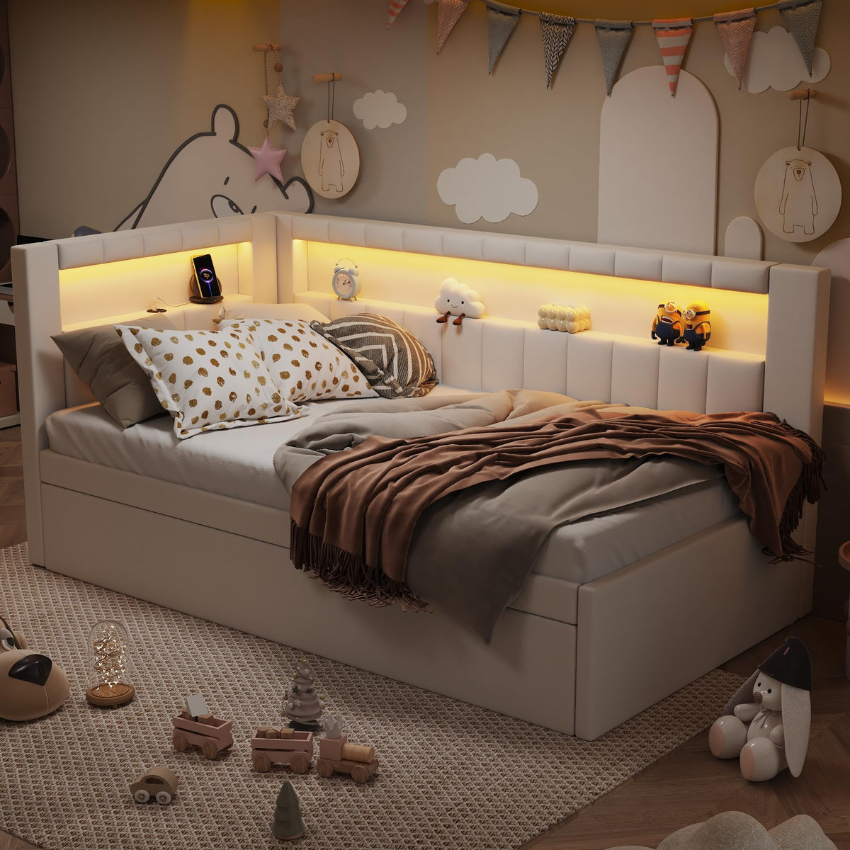 Twin Size Upholstered Daybed with Trundle and USB LED Belt R3894