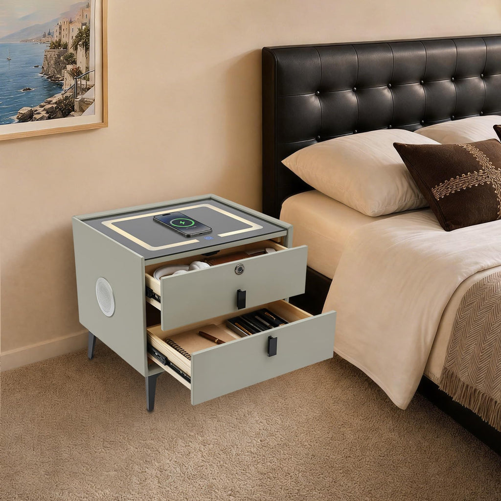 Light Gray Solid Wood Nightstand with Charging Station and 2 Drawers A56848