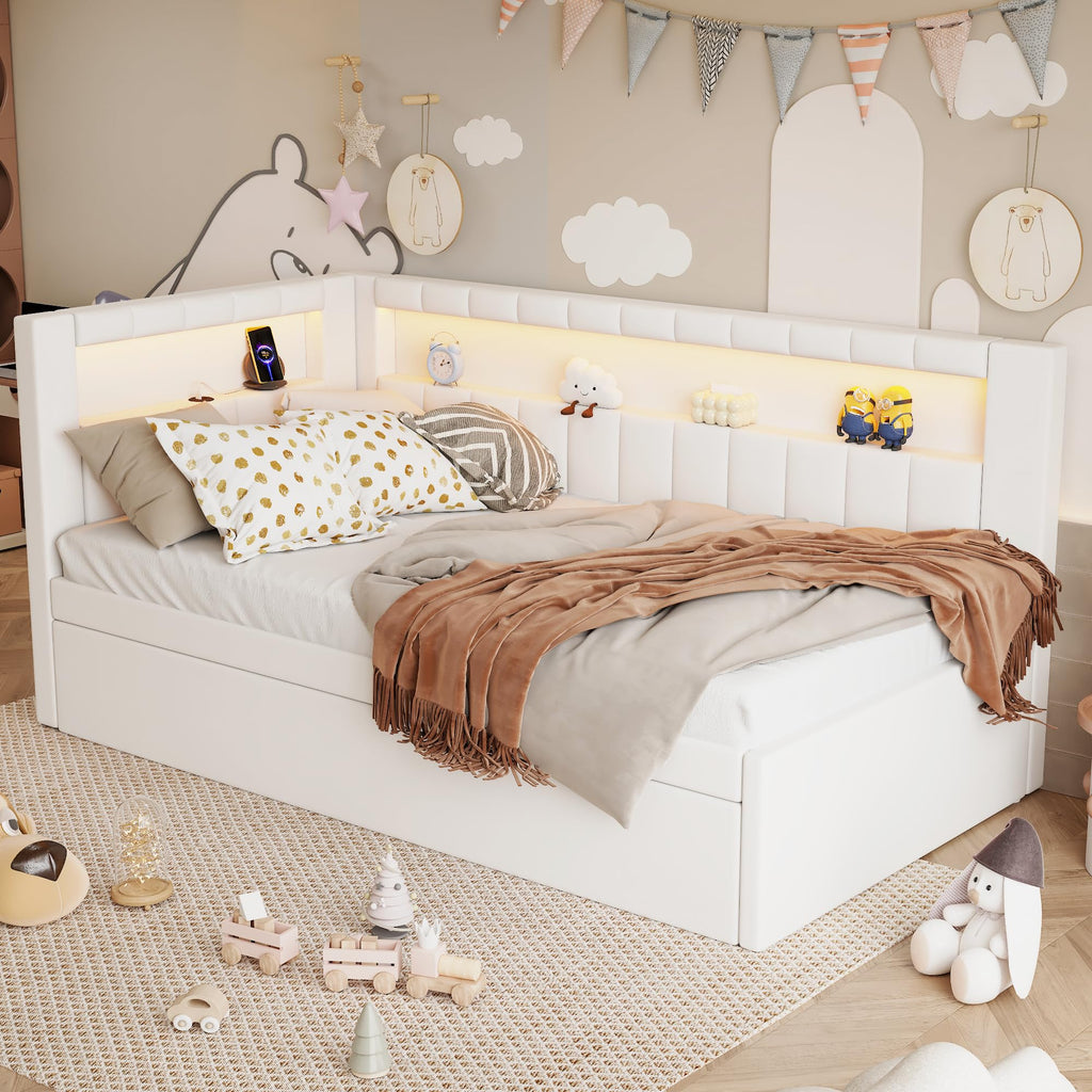 Twin Size Upholstered Daybed with Trundle and USB LED Belt R3894