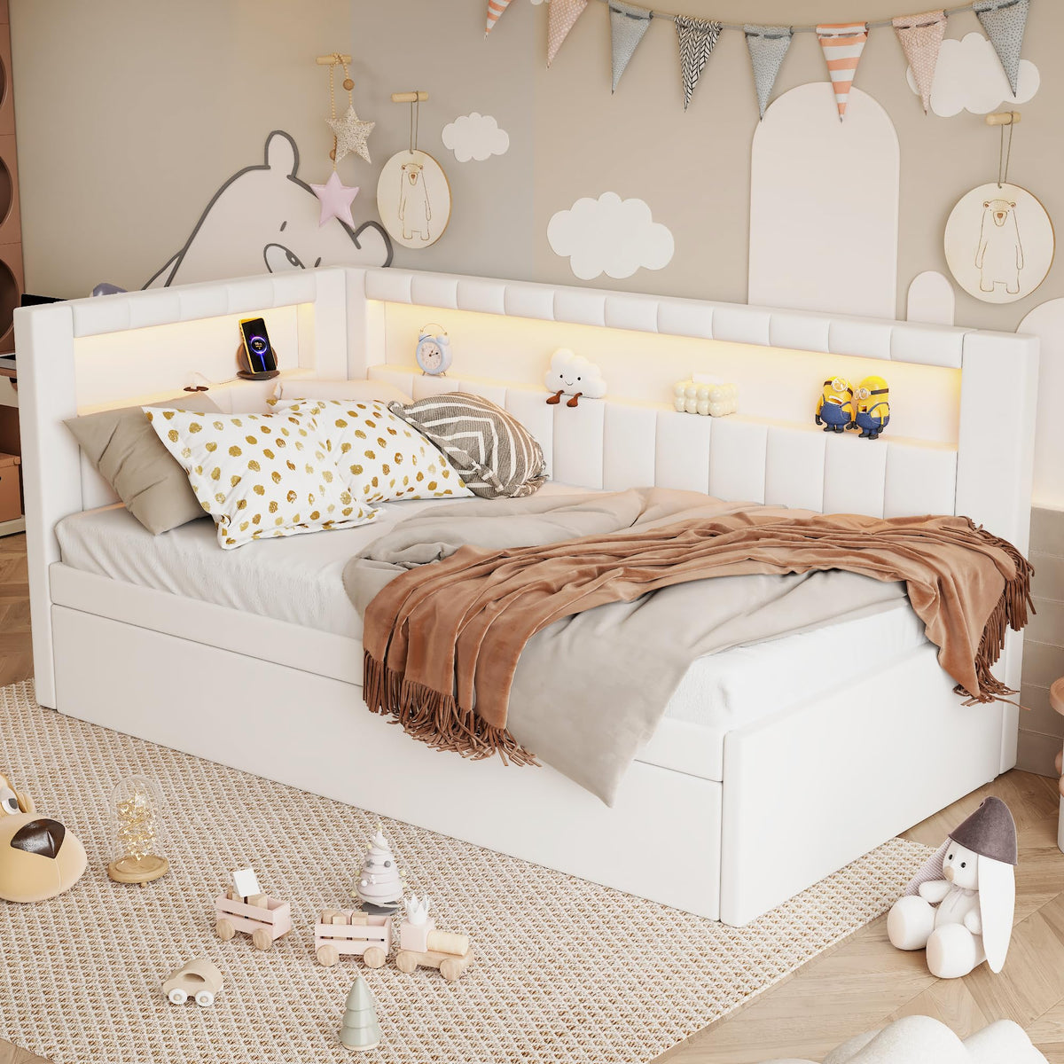 Twin Size Upholstered Daybed with Trundle and USB LED Belt R3894