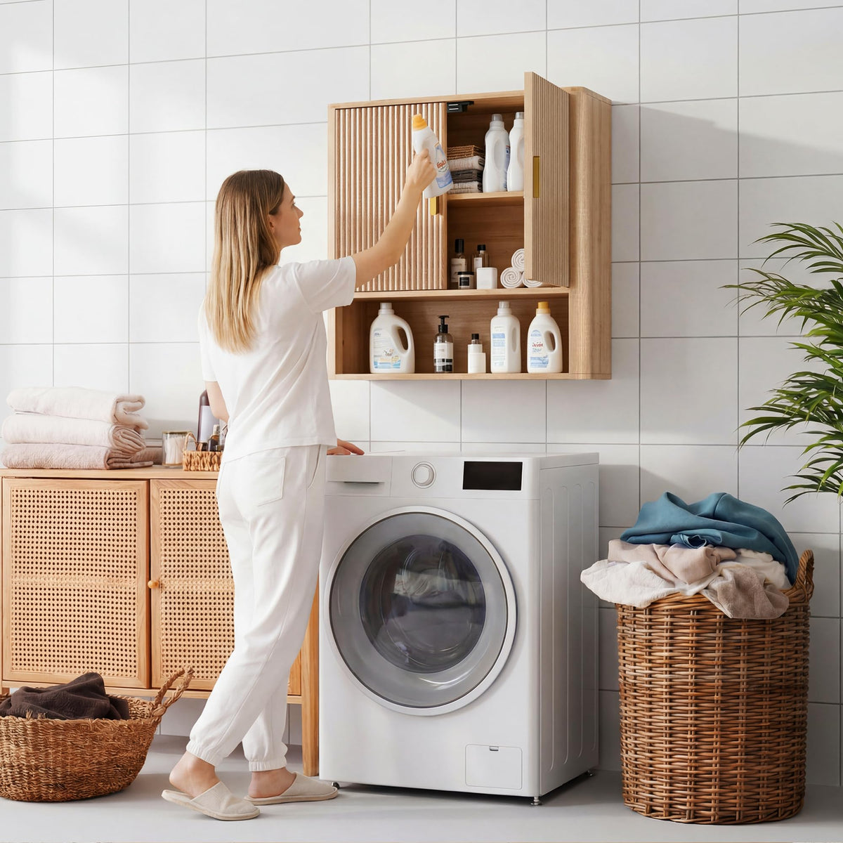 Bathroom Storage Wall Cabinet with Adjustable Wood Shelf & Doors K45330