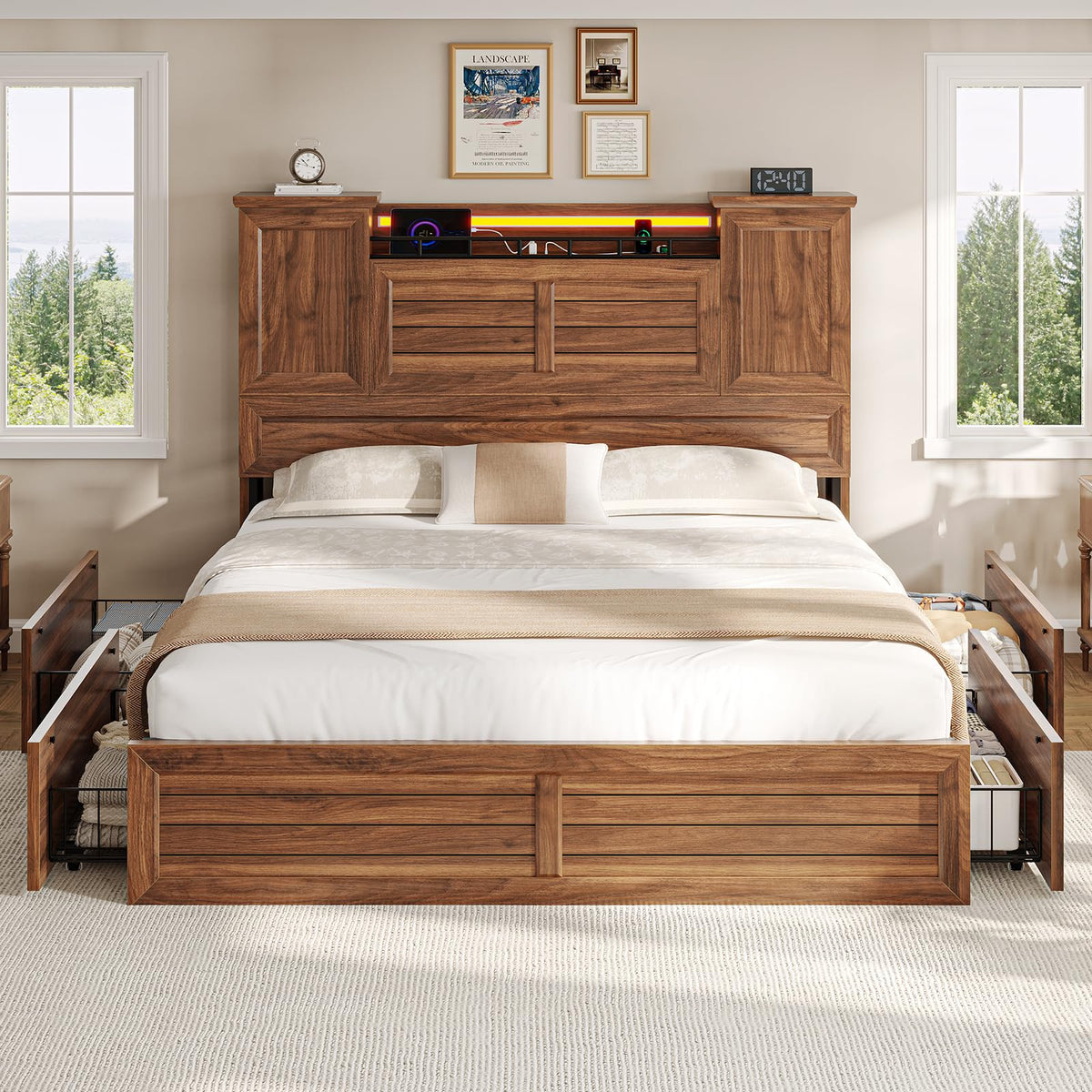 Queen Size Wooden Platform Bed Frame with Headboard Storage Drawers K21232