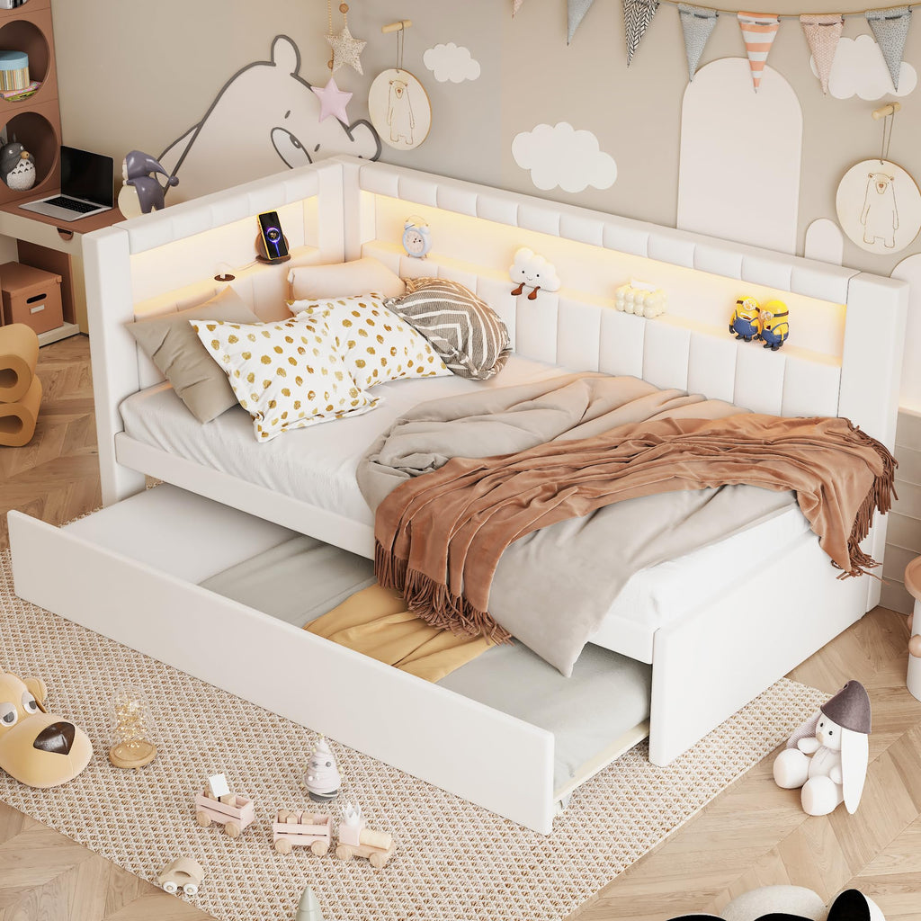 Twin Size Upholstered Daybed with Trundle and USB LED Belt R3894