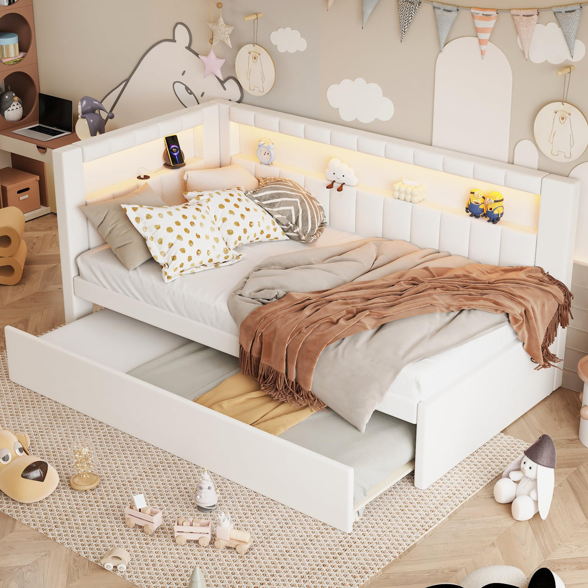 Twin Size Upholstered Daybed with Trundle and USB LED Belt R3894