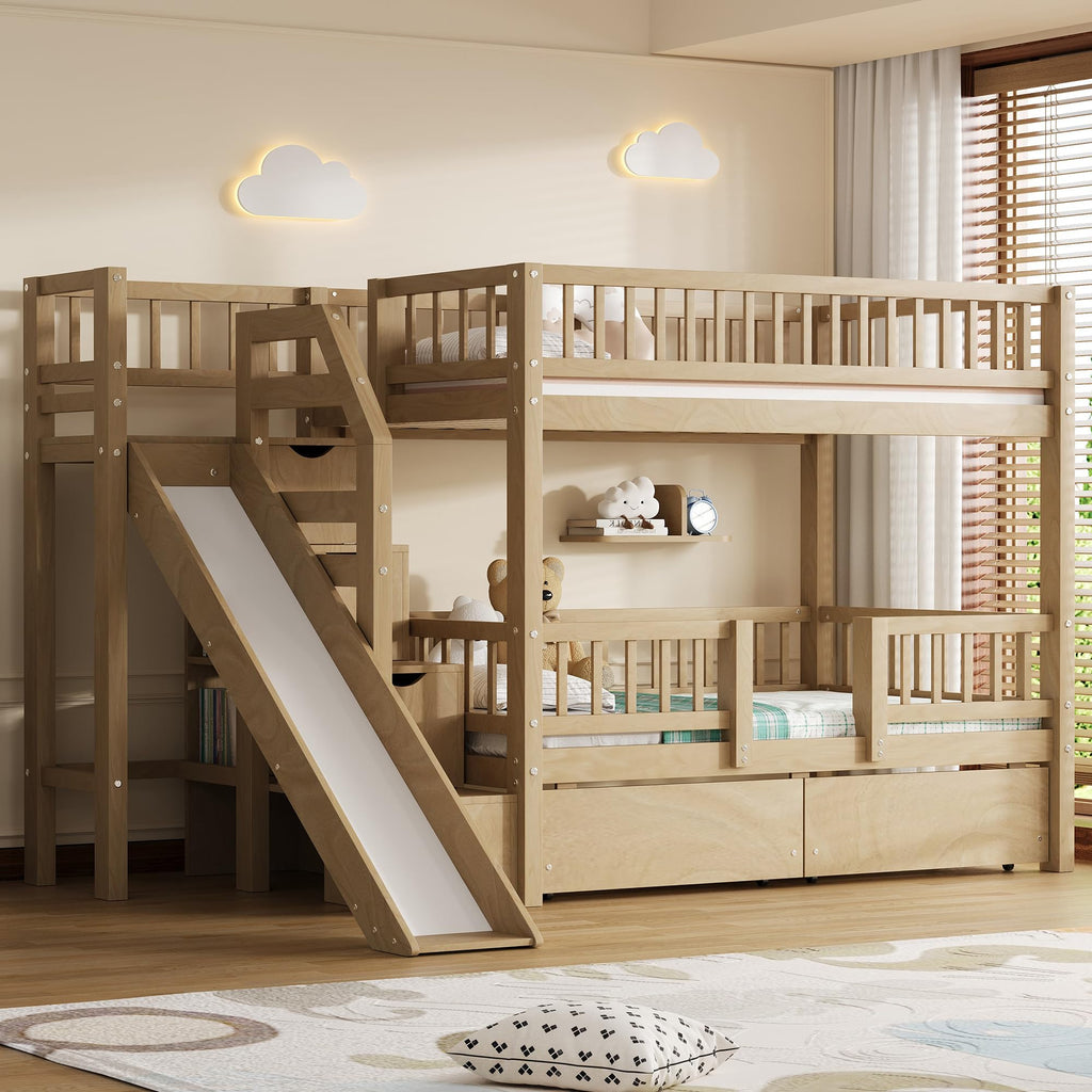 Twin Over Twin Bunk Bed with Slide and Storage Drawers D788121