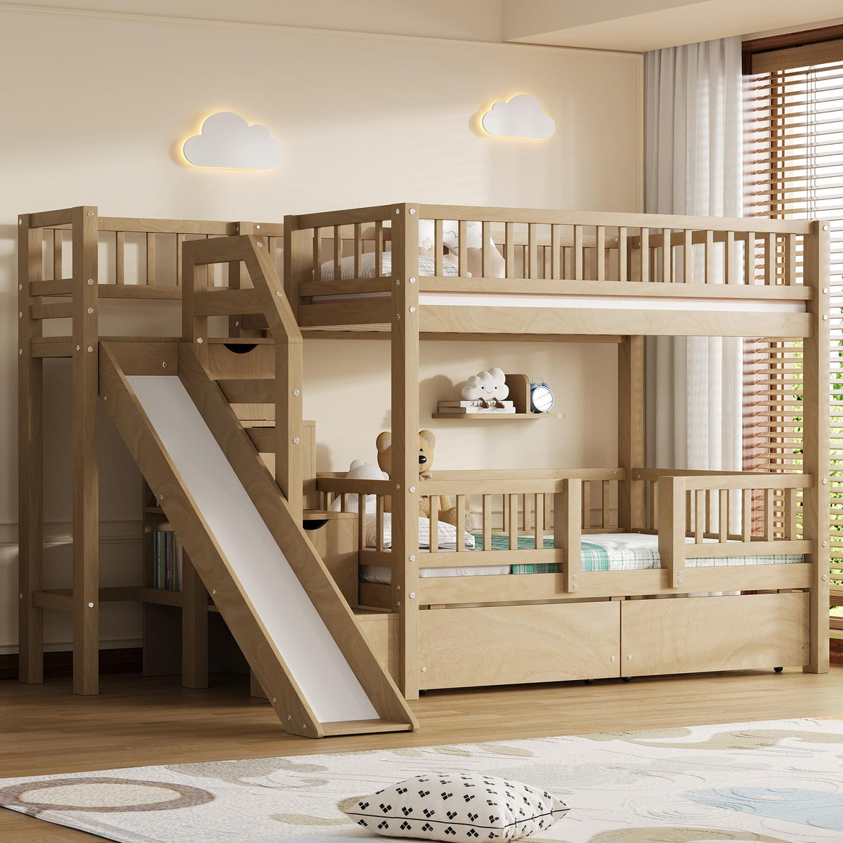 Twin Over Twin Bunk Bed with Slide and Storage Drawers D788121