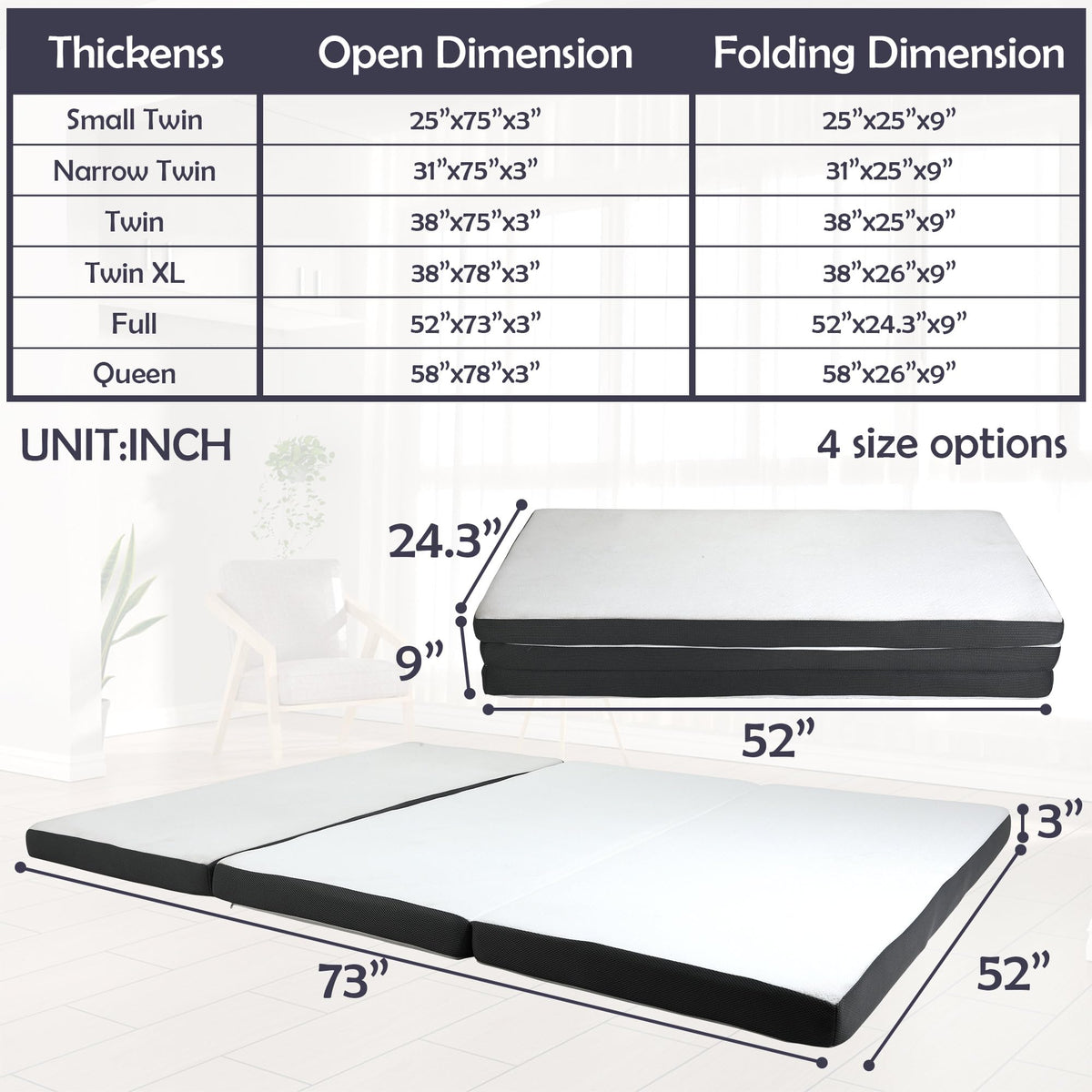 Memory Foam Folding Mattress Full 3 Inch Trifold with Washable Cover M208691