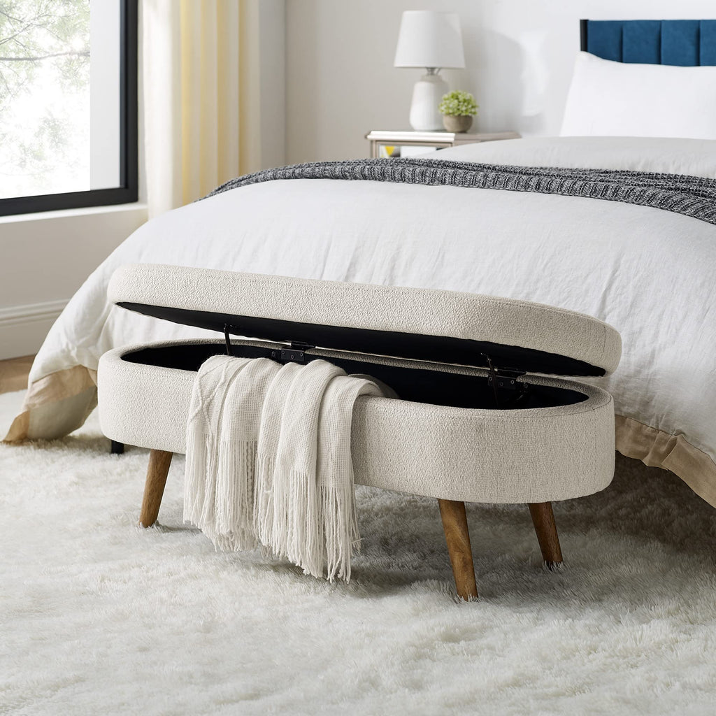 Beige Oval Storage Ottoman Bench with Rubber Wood Legs F934