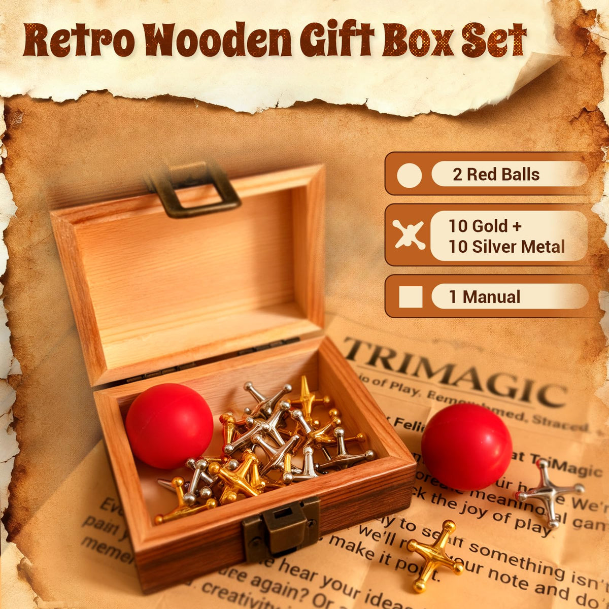 Wooden Gift Boxes 20 Metal Jacks 2 Balls 41 Colored Sticks Y85111