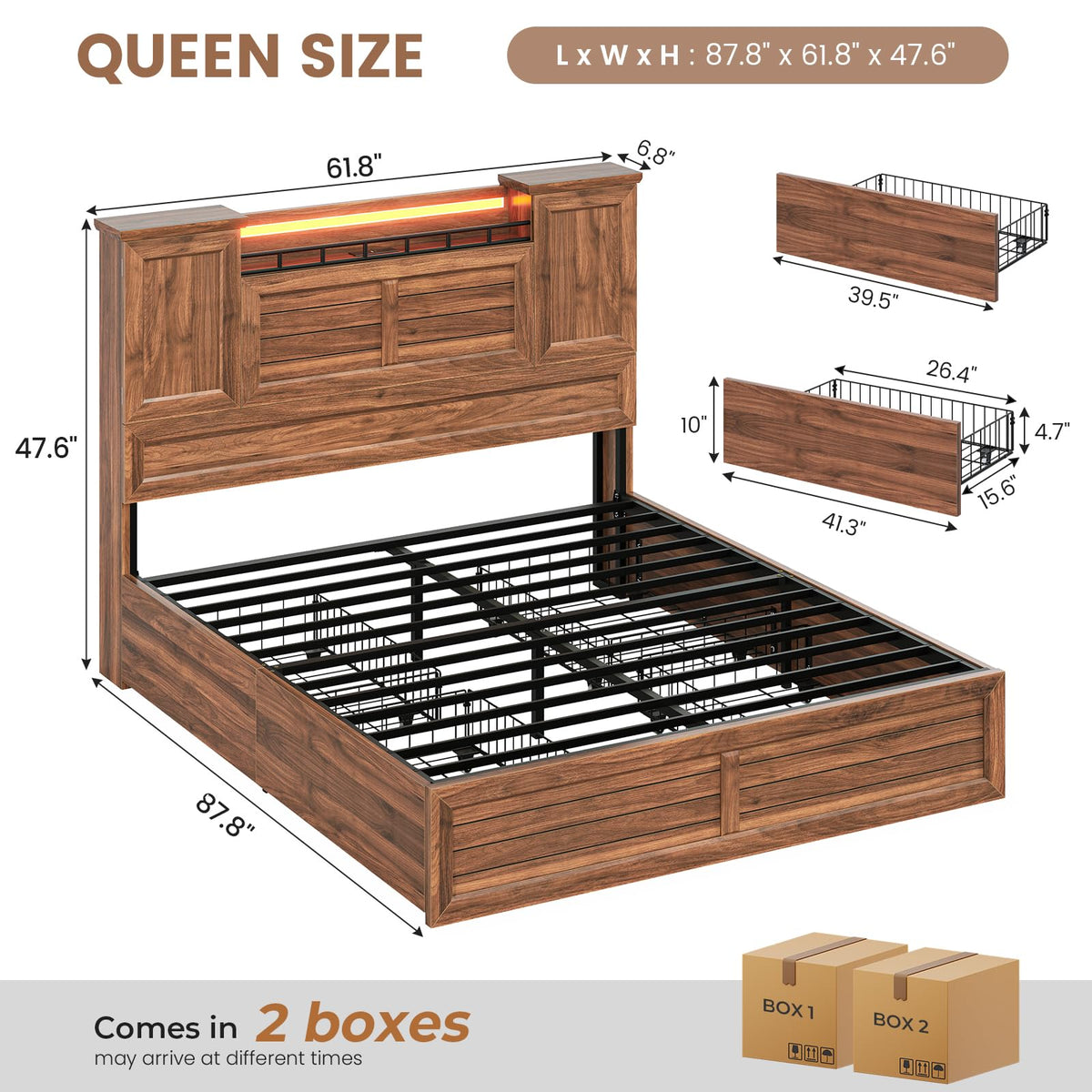 Queen Size Wooden Platform Bed Frame with Headboard Storage Drawers K21232