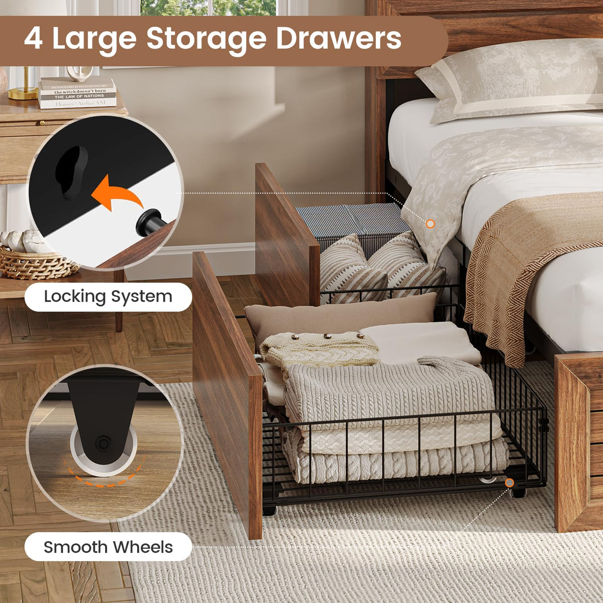 Queen Size Wooden Platform Bed Frame with Headboard Storage Drawers K21232