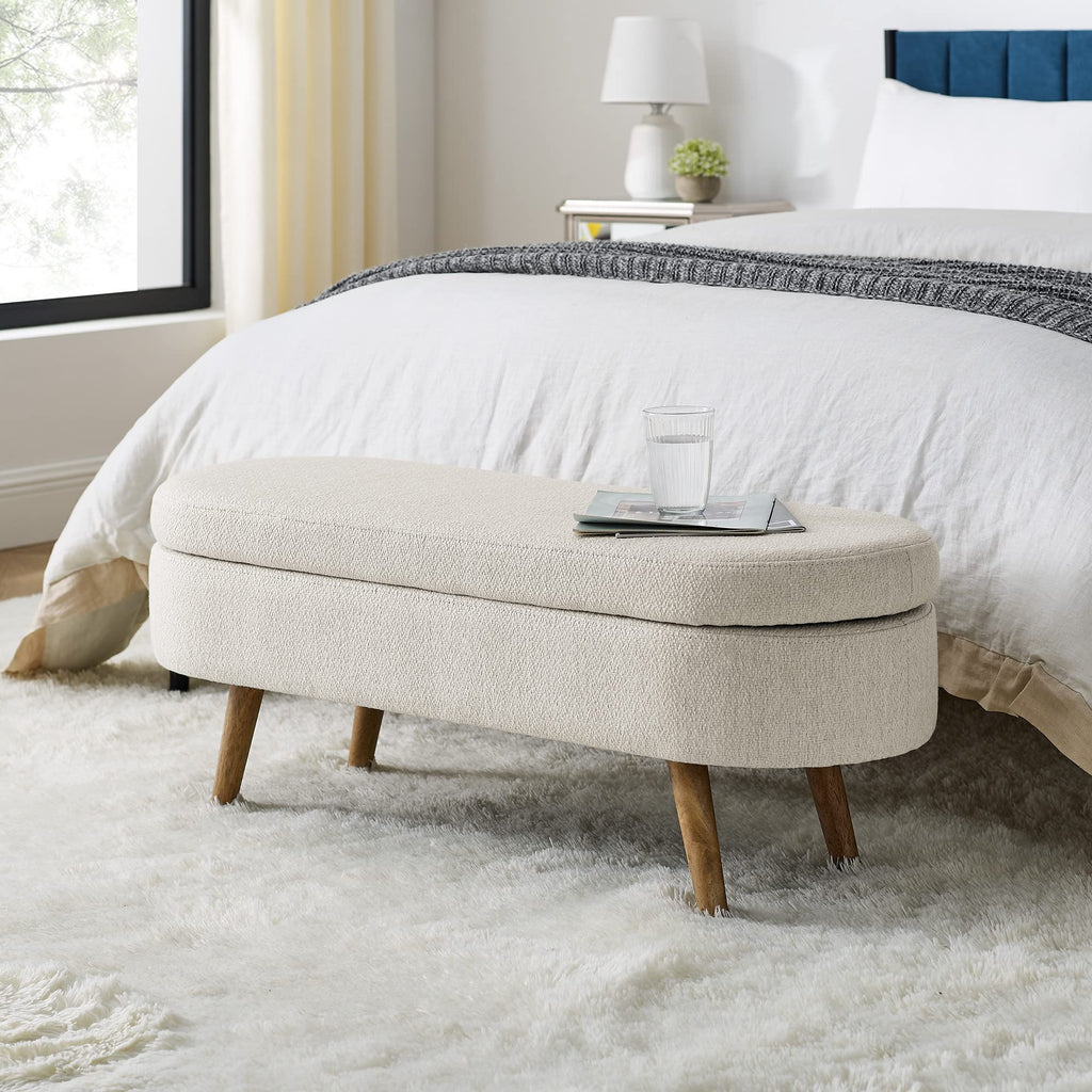 Beige Oval Storage Ottoman Bench with Rubber Wood Legs F934