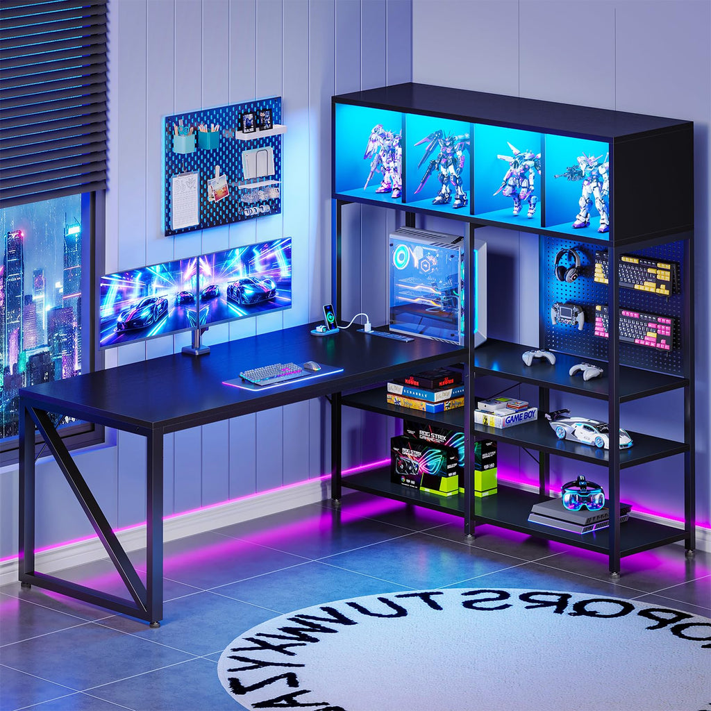 63" L Shaped Gaming Desk with Display Hutch A44018