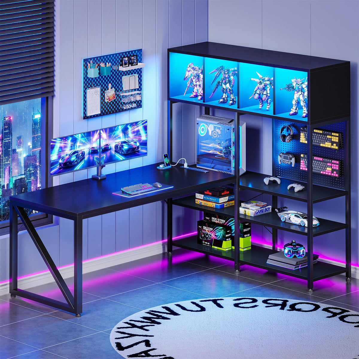 63" L Shaped Gaming Desk with Display Hutch A44018