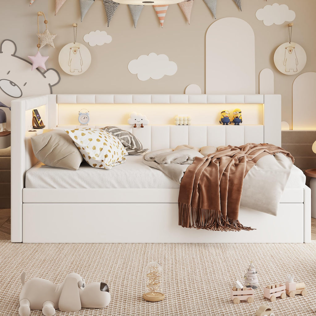 Twin Size Upholstered Daybed with Trundle and USB LED Belt R3894